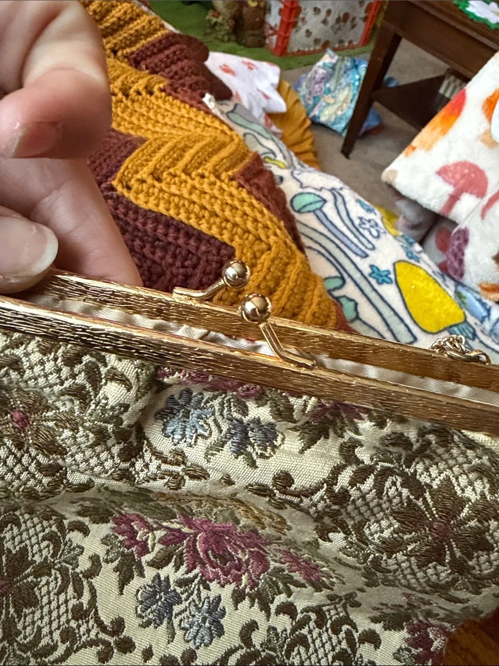 Walborg Cream Floral Tapestry Clutch with Pink and Brown Accents